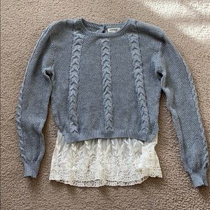 Grey Sweater with Lace Trim